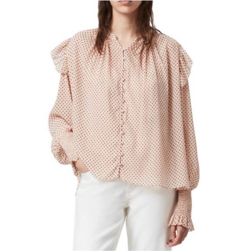 Allsaints Polka Dot Ruffle Sleeve Blouse